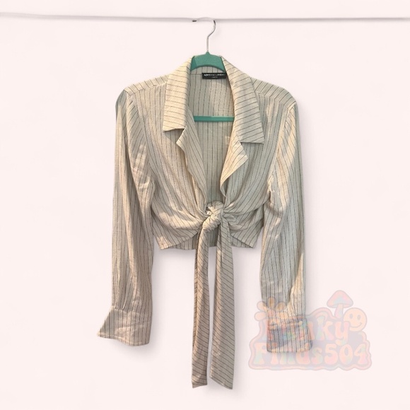 Adrienne Landau Cream Pinstripe Tie Front Shacket NWOT Sample Sale Size S - Picture 2 of 5